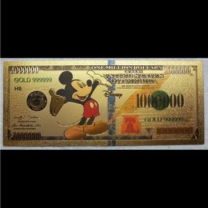 Mickey Mouse Walt Disney $1000000 Note Novelty 24K Gold Foil Plated Bill